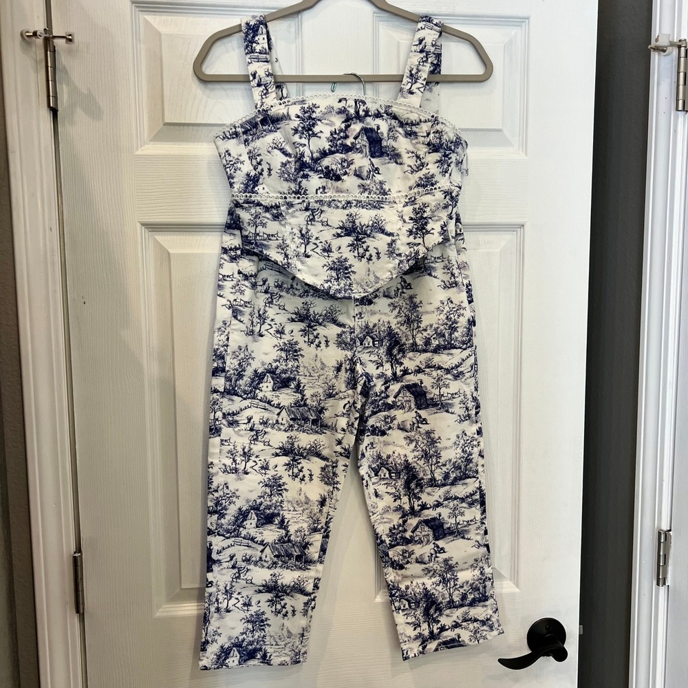 Fashion Nova Blue & White Toile Strap Jumpsuit